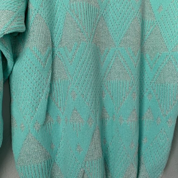 VINTAGE Mint Blue Christmas Ski Sweater Silver Winter Holiday Sweater Sparkly - Picture 6 of 12